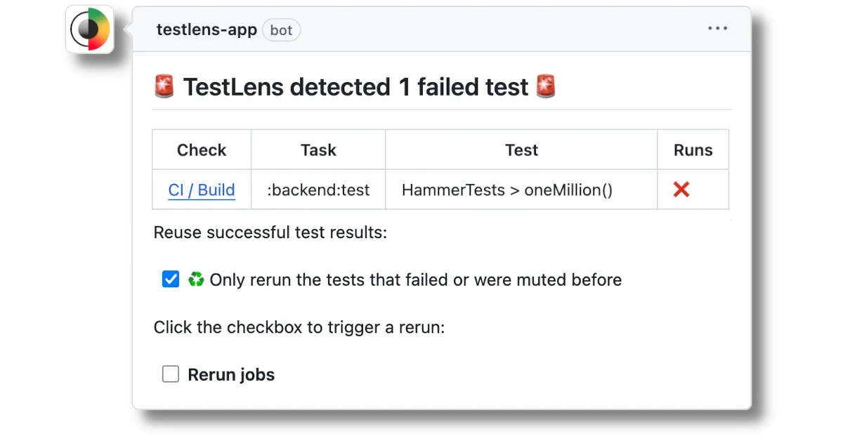 Screenshot of the test result reuse feature that reuses successful results in a rerun.